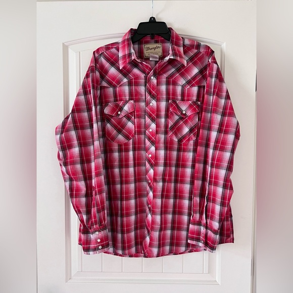 Wrangler Other - Wrangler Western Pearl Snap Long Sleeve‎ Shirt Mens Size XL Red Plaid Cowboy